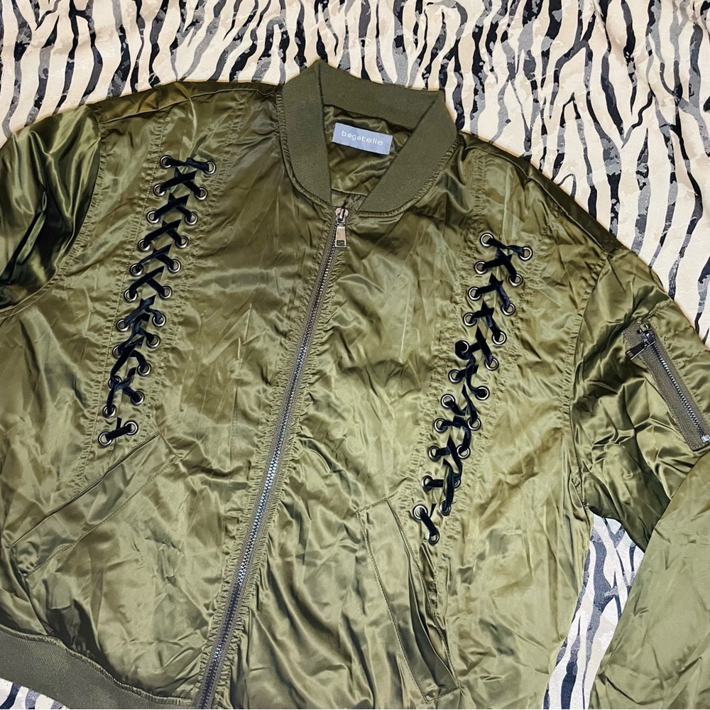 Bagatelle Olive Bomber Jacket with Lace-Up Corset Details